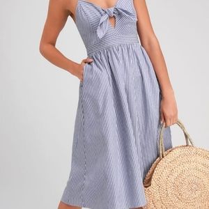 Lulu's Joyful Days Blue Striped KnottedFront Midi Summer Dress With Pockets NWOT